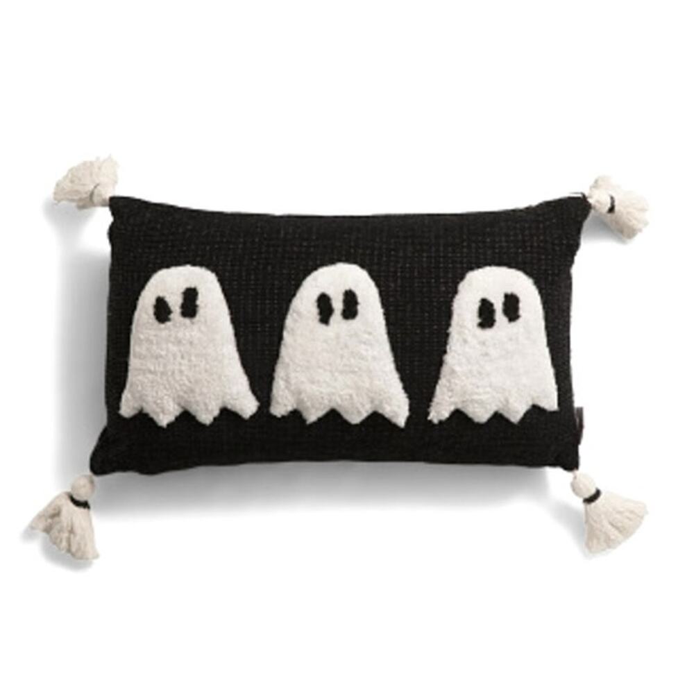 Sweet Street Halloween Ghost Throw Pillow 14x26 Black & White Tassels NEW